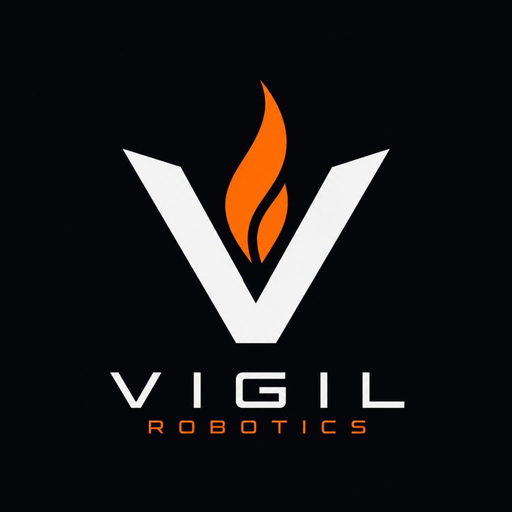 dark background with Vigil Robotics logo which is white V with a flame symbol in orange and the company name, Vigil Robotics below.