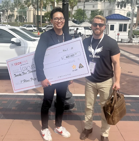 Henry Kwan, CEO (left) with Cameron Hargis, Head of Business (right) after winning 1st place at xTech|Live.
